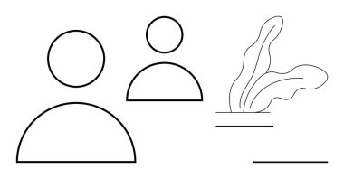 Soyut resimli bitki ve çizgilerin yanında özetlenmiş iki insan figürü. Takım çalışması için ideal, topluluk, bağlantı, etkileşim, doğa, basitlik, minimalizm. Basit bir dairede çok yönlü tasarım