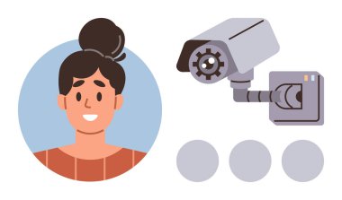 Güvenlik kamerasının yanında gülümseyen kadın portresi, yüz tanımayı gösteriyor. Teknoloji, gizlilik, güvenlik, gözetleme, biyometri, modern yenilik yapay zeka için idealdir. Basit.