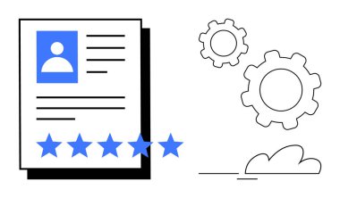 Kullanıcı profili, yıldız reytingleri, vitesler ve bulut elementi içeren belge. Performans gözden geçirme, adam toplama, proje planlama, iş akışı iyileştirme, analiz takım çalışması için ideal basit iniş sayfası