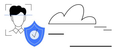 Yüz tanıma kalkanın yanında işaretli ve bulutlu. Güvenlik, kimlik doğrulama, bulut depolama, gizlilik, veri erişimi, koruma, kimlik doğrulama için ideal. Basit düz metafor