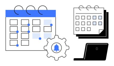 Vurgulanmış olaylar, bildirim teçhizatı simgesi ve dizüstü bilgisayarlı takvim sayfaları. Program, verimlilik, zaman yönetimi, hatırlatıcılar, dijital araçların çalışma akışını planlamak için idealdir. Basit bir düz metafor.