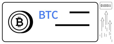 BTC metnin yanında Bitcoin logosu, dijital ikili kod ve engelleme zincirini ve finansal büyümeyi sembolize eden yukarı doğru oklar. Teknoloji, yatırım, kripto para birimi, blok zinciri, girişimler ve fintech için ideal