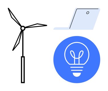 Yenilenebilir enerjiyi temsil eden rüzgar türbini, teknolojiyi temsil eden dizüstü bilgisayar ve yenilik için bir ampul. Enerji çözümleri için ideal, sürdürülebilirlik, eko-yenilik, teknoloji, yeşil iş