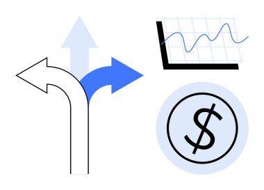 Seçenekleri sembolize eden ok, yükselen grafik ve dolar işareti finansal ilerleme, stratejik planlama, büyüme fırsatları ve karar verme mekanizmalarını vurguluyor. Finans, yatırım, büyüme için ideal