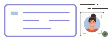 Yüz tanıma ve onay işaretli kullanıcı profilinin yanında kişisel kimlik formu. Kimlik doğrulama, güvenlik, kimlik doğrulama, biyometri, kayıt, biniş için ideal