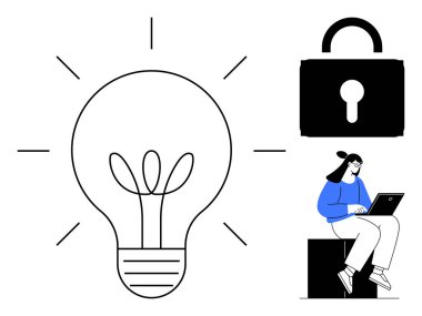 Yaratıcılığı sembolize eden ampul siber güvenlik için asma kilit ve inovasyonu ve çevrimiçi güvenliği vurgulayan dizüstü bilgisayarı olan kişi. Teknoloji, güvenlik, fikirler, yenilik, dijital mahremiyet ve veri için ideal