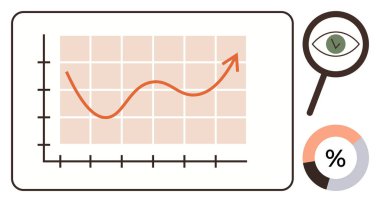 Yukarı ok eğilimli grafikler, bir göz ile büyüteç ve veri analizi, araştırma, ilerleme izleme, piyasa büyümesi, performans değerlendirmesi, finansal içgörüler, basit