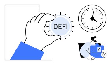 El, DEFI jetonu, saati gösteren duvar saati ve belgeleri okuyan bir adam tutuyor. Finans, zaman yönetimi, dijital para birimi, engelleme zinciri, strateji, fintech crypto basit düz metafor için ideal