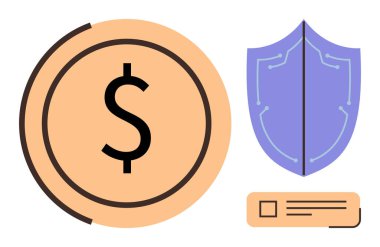 Dairesel çerçevede dolar işareti, güvenliği simgeleyen kalkan ve kredi kartı özelliği. Para, finans, bankacılık, güvenlik, sigorta tasarruf yatırımı için ideal. Basit düz metafor