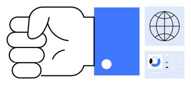 Küre şebekesinin ve veri görsellemesinin yanına bir el hareketi koy. Takım çalışması, strateji, liderlik, yetkilendirme, küresel bağlantılar, veri analizleri, iletişim kavramları için ideal. Basit düz