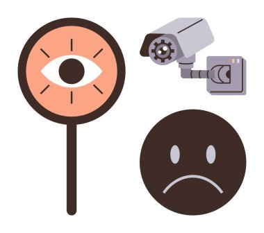 Gözetleme kamerası, büyütülmüş göz, ve üzgün yüz gözlem, gizlilik, farkındalık, teknoloji, izleme, veri koruma duyguları temaları. Güvenlik farkındalığı için ideal