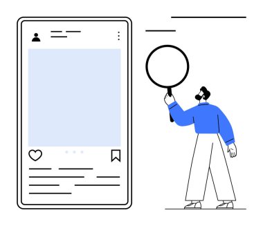 Sosyal medya arayüzünün yanında büyüteç tutan adam. Analiz, pazarlama, araştırma, bağlılık, sosyal içgörü, kullanıcı etkinliği izleme, basit iniş sayfası için ideal