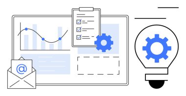 Grafikler, grafikler, e-posta, kontrol listesi panosu, analitiği, görev planlama, işbirliği, yaratıcılık iletişimi ve yeniliği temsil eden ampuldeki dişli. İş için ideal.