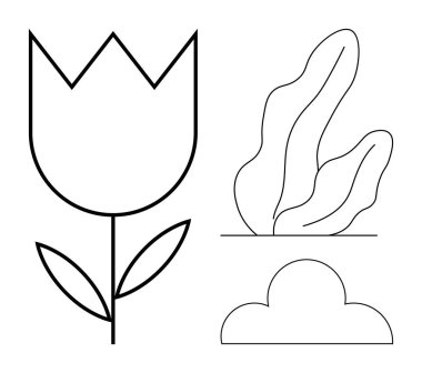 Yapraklı lale, soyut yaprak şekli ve siyah çizgili bulut. Doğa, minimalizm, tasarım sadeliği, çevre, çiçek, bahçe kavramları ve basit iniş sayfası için ideal