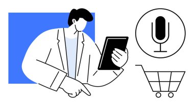 Ceketli bir adam tablet tutuyor ve bir alışveriş arabasını işaret ediyor, mikrofon ikonu. Çevrimiçi alışveriş, sesli arama, e-ticaret, yenilik, teknoloji, dijital araçlar, basit iniş sayfası için ideal