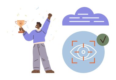 Zaferi kutlayan bir adam konfeti, görüş ikonu, bulut ve işaretle çevrili. Başarı, odaklanma, görüş başarısı motivasyon verimlilik ve büyüme için idealdir. Basit.