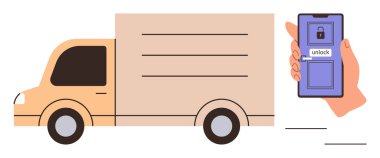 Akıllı telefonun kilidini açan bir el arabasının yanında teslimat kamyonu. Lojistik, dağıtım, ulaşım, teknoloji, yenilik, güvenlik, otomasyon için ideal. Basit düz metaforu temsil eder