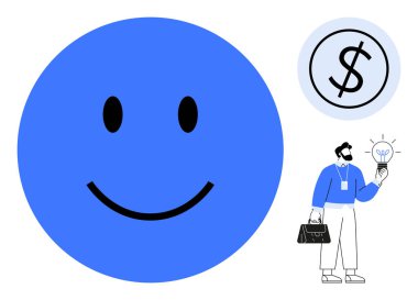 Mavi mutlu yüz, dolar işareti, evrak çantası ve ampullü adam yenilik, mutluluk ve finansal düşünce öneriyor. İş için ideal, yaratıcılık, pozitiflik, finans stratejisi takım çalışması basit düz