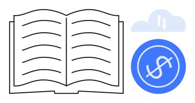 Metin satırlı açık bir kitap, göndermeyi gösteren oklu bir bulut ve dolar işaretli mavi bir daire. Eğitim, yayıncılık, bilgi paylaşımı, çevrimiçi öğrenme, dijital ticaret, yazma için ideal