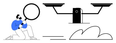 Büyüteçle diz çöküp dengeli bir adalet ölçeğini izleyen, analizi, adaleti, tartmayı, karar vermeyi, incelemeyi, odaklanmayı, değerlendirmeyi önemseyen bir adam. Kanun hükmü için ideal.