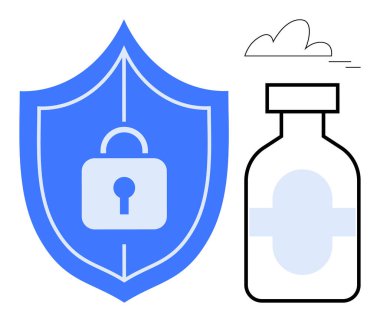 Kilit koruyuculu mavi kalkan, sağlık veri korumasını, siber güvenliği ve tıbbi güvenliği simgeliyor. Sağlık, mahremiyet, aşı güvenliği, veri koruması, bulut servisi güvenliği için ideal