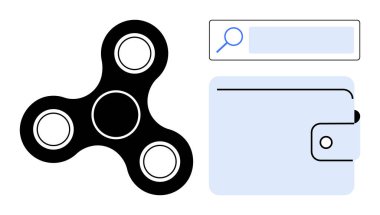 Minimalist tasarım, bir döner, bir cüzdan ve bir arama çubuğu içerir, yaratıcılığı, dijital finansı ve taramayı sembolize eder. Üretkenlik, teknoloji ve finans için ideal online alışveriş