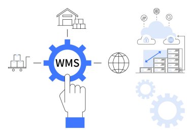Depoya, tramvaya, veri tabanına ve bulut deposuna bağlı WMS vites simgesine el işaretleri. Lojistik, envanter, nakliye, dijital sistem otomasyon iş akışı ve tedarik zinciri için ideal. Basit.