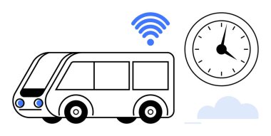 Kablosuz bağlantı ikonuna sahip modern otobüs, saati ve bulutu gösteren saat verimli toplu taşımayı öneriyor. Gidiş-dönüş, seyahat, zaman çizelgesi yönetimi, şehir planlaması ve teknoloji için ideal