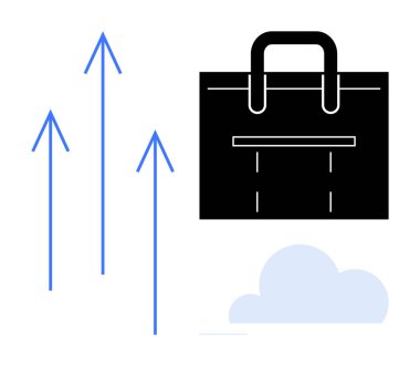 Siyah evrak çantası, yukarı doğru mavi oklar ve bulutlar iş gelişimini, kariyer gelişimini ve fırsatları simgeliyor. Kariyer geliştirme, başarı, strateji, organizasyon başarısı için ideal