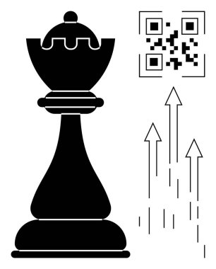 QR kodunun yanında satranç kralı parçası ve yükselen oklar liderliği, dijital yeniliği ve başarıyı simgeliyor. Strateji, teknoloji, ilerleme, büyüme, liderlik, vizyon için ideal düz metafor