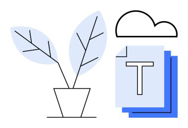 Yığılmış metin dosyaları ve bulut şeklinin yanında mavi yapraklı saksı bitkisi. Sürdürülebilirlik, dijital depolama, doğa, bulut teknolojisi, yaratıcılık, modern tasarım, basit iniş sayfası için ideal