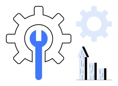 İngiliz anahtarını sembolize eden aletler ve süreçler, arka planda ışık teçhizatı, büyüme ve ilerlemeyi gösteren yukarı eğilimli çubuk grafiği. Teknoloji, yenilik, yönetim, bakım için ideal