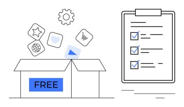 Serbest uygulama simgeleri etiketli açık kutu kalp, yıldız, el arabası, pano listeli teçhizat. Kaynakları, keşfi, organizasyonu, yaratıcılığı, karar verme projesini paylaşmak için ideal