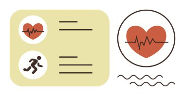 ECG satırlı kalp simgesi, çalışan figür sembolü ve asgari metin düzeni. Sağlık, kardiyoloji, zindelik, sağlık, tıbbi kayıtlar, basit düz metaforları izlemek için ideal
