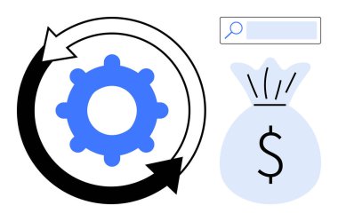 Dişliler oklarla çevrili, para çantası dolar işareti ile, arama çubuğu optimizasyonu, finansmanı, iş akışı verimliliğini simgeliyor. İş, finans, yenilik, verimlilik pazarlama yatırımı için ideal