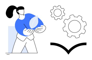 Kadın, teknoloji ve yenilik için vites simgeleriyle birlikte çevre dostu uygulamaları sembolize eden bir yaprak tutuyor. Sürdürülebilirlik, teknoloji, büyüme, eko-bilinç, takım çalışması, yenilik, basit