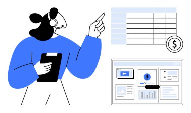 Kulaklık tutan kişi, veri göstergesi ve video içeriğiyle birlikte finansal tabloya işaret ediyor. Analiz, finans, eğitim, iletişim, takım çalışması için ideal