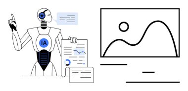 Robot analitik belgeleri tutuyor ve ekranda görsel çizelgelerle işaret ediyor. Teknoloji, yapay zeka sistemleri, veri bilimi, yenilik, otomasyon, eğitim için ideal, basit iniş sayfası