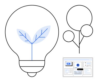 İçinde büyümeyi ve ekolojik yeniliği temsil eden bir bitki bulunan ampul, soyut bir ağaç ve dijital bir gösterge paneli. Sürdürülebilirlik, teknoloji, yenilik, büyüme, ekoloji, yaratıcılık için ideal