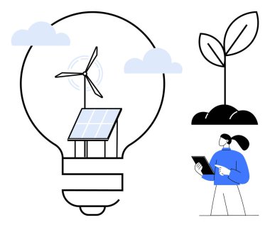 Güneş paneli ve rüzgar türbinli ampul, büyüyen bitki ve tableti analiz eden insan. Yeşil enerji, sürdürülebilirlik, temiz teknoloji, yenilik, ekoloji, büyüme sade iniş sayfası için ideal