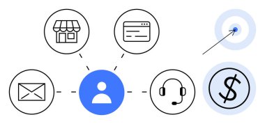 E- posta, depolama, web arayüzü, müşteri hizmetleri, finansal hedef ve dolar konseptine bağlı merkezi kullanıcı simgesi. İş stratejisi, iletişim, perakende müşteri desteği için ideal