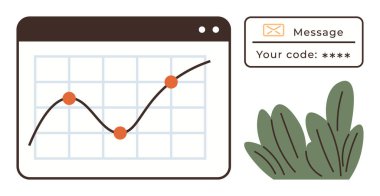 Pencerede veri noktaları olan çizgi grafiği, kod gösteren bildirim kutusu ve yeşil yapraklar. Veri analizi, büyüme takibi, tebligatlar, güvenlik, finans, eko-ticaret için ideal basit bir daire