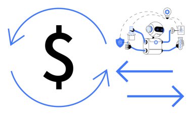 Yuvarlak oklardaki dolar işareti para akışını simgeliyor. Finansal işleri yöneten bir robotun yanında. Finans, otomasyon, yapay zeka, yenilik, teknoloji, fintech verimliliği için ideal. Basit düz