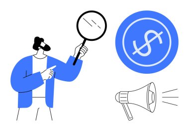 Elinde büyüteç tutan bir adam, bir dolar işareti ve bir hoparlörü işaret ediyor. Finans, pazarlama, analiz, promosyon, reklam, araştırma ve yatırım temaları için ideal. Basit düz metafor