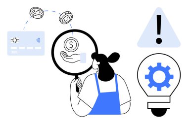 Kadın, büyüteç kullanarak finansal ayrıntıları analiz ediyor, sorun tanımlamasını, risk yönetimini ve yenilikleri vurguluyor. Finans, denetleme, analiz, strateji, risk yeniliği için ideal basit