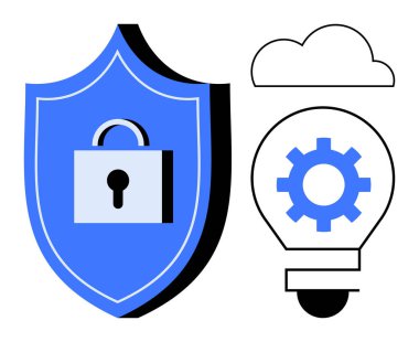 Kilit sembolü, bulut ve ampullü kalkanlar fikirleri, güvenliği ve teknolojiyi temsil ediyor. Siber güvenlik, yenilik, bulut hesaplama, veri güvenliği işbirliği için ideal