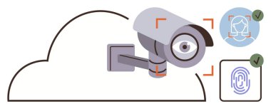 CCTV kamerası bulut tabanlı verileri biyometrik yüz ve parmak izi taramalarıyla izliyor. Güvenlik, veri koruması, gizlilik, teknoloji, dijital kimlik, kimlik doğrulama için ideal