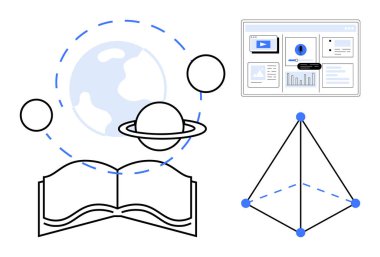 Gezegen sisteminin yörüngesinde döndüğü açık bir kitap, analitik ve geometrik şekilli gösterge paneli. Eğitim, bilim, teknoloji, araştırma, keşif, küresel bilgi için ideal