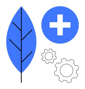 Mavi yaprak, tıbbi haç ve iki vites çevreci dostluğu, yeniliği ve optimizasyonu sembolize eder. Sürdürülebilirlik, sağlık, teknoloji, ilerleme takım çalışması endüstrisi için ideal basit iniş