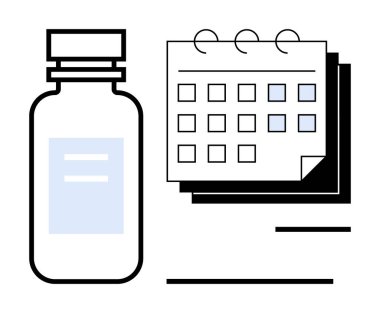 İşaretli takvimin yanında seçilmiş tarih özetleri olan ilaç şişesi. Sağlık, ilaç, aşı, programlama, zaman yönetimi, sağlık ve organizasyon için ideal. Temiz, düz metafor